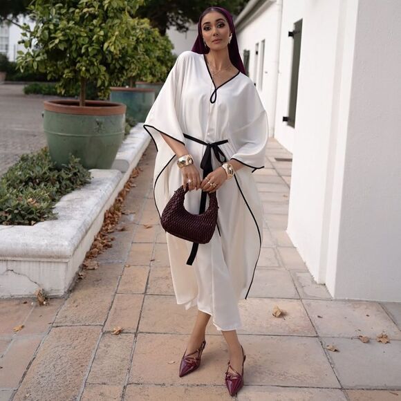 H&M TIE-BELT KAFTAN DRESS CREAM RAMADAN MODEST COLLECTION - Picture 3 of 7